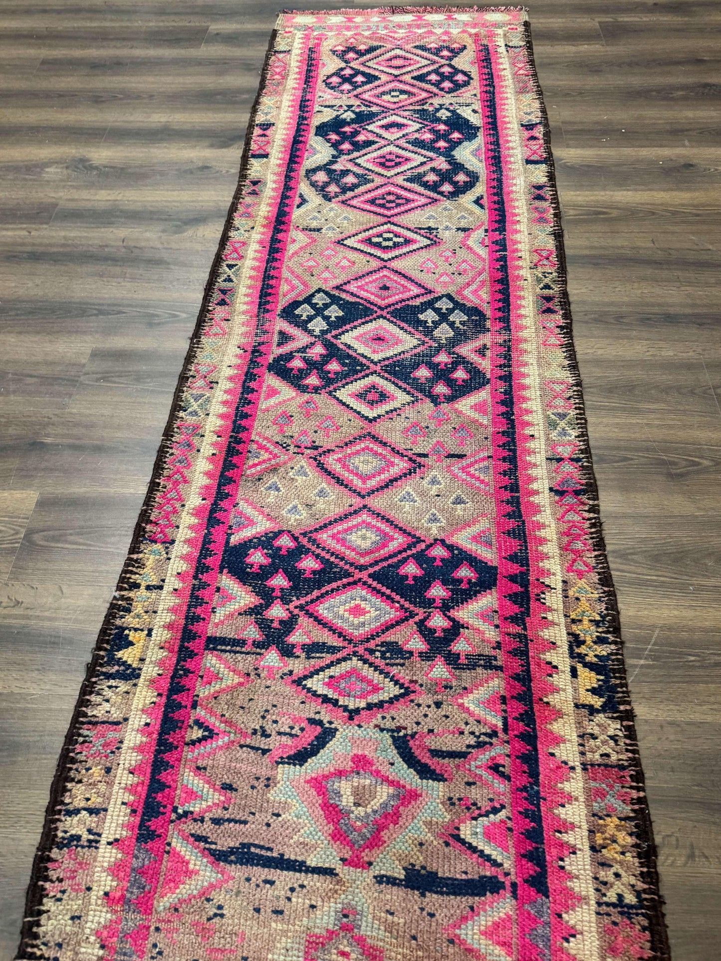 Turkish Runner Rug 3x10, Pink and Navy Blue, Bohemian Runner for Hallway or Kitchen, Vintage, Geometric, Tribal