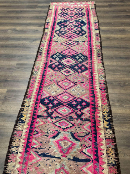 Turkish Runner Rug 3x10, Pink and Navy Blue, Bohemian Runner for Hallway or Kitchen, Vintage, Geometric, Tribal