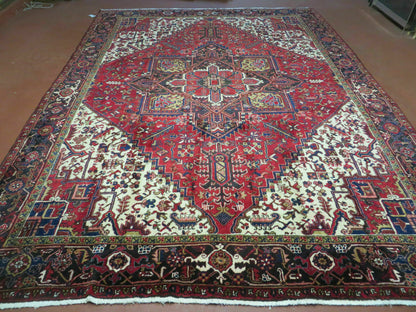 Persian Heriz Rug Hand Knotted Wool Red Ivory Dark Blue 8 Foot 6 Inch By 11 Foot Geometric Medallion Semi Antique