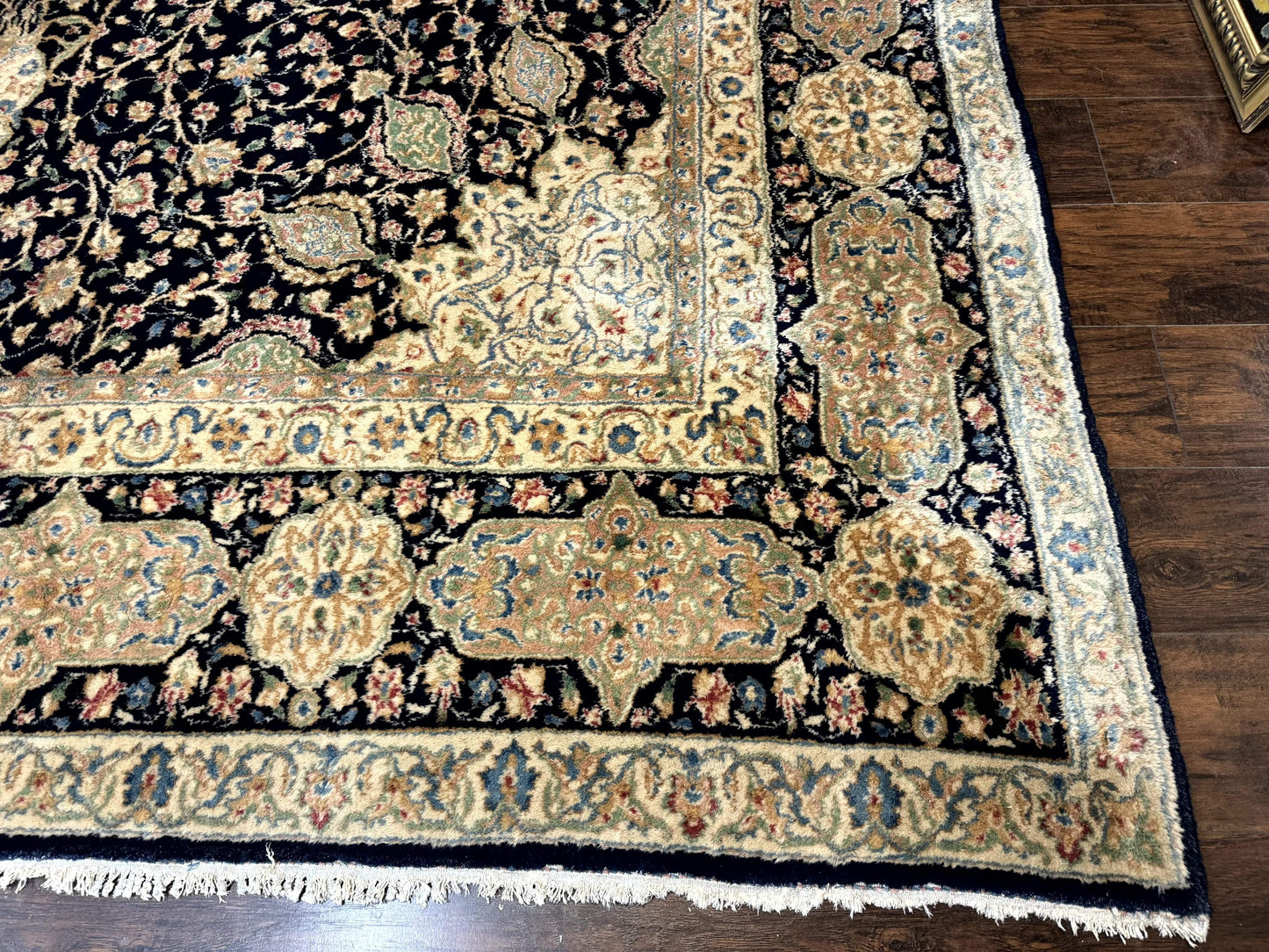 Persian Kerman Rug 10x14 Navy Blue Beige Floral Medallion Traditional Carpet Signed by Masterweaver