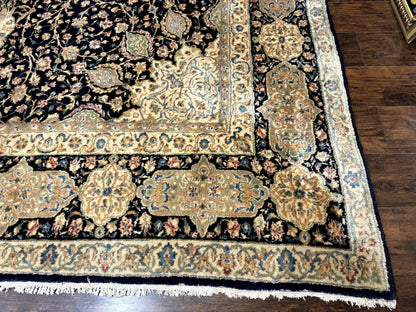 Persian Kerman Rug 10x14 Navy Blue Beige Floral Medallion Traditional Carpet Signed by Masterweaver