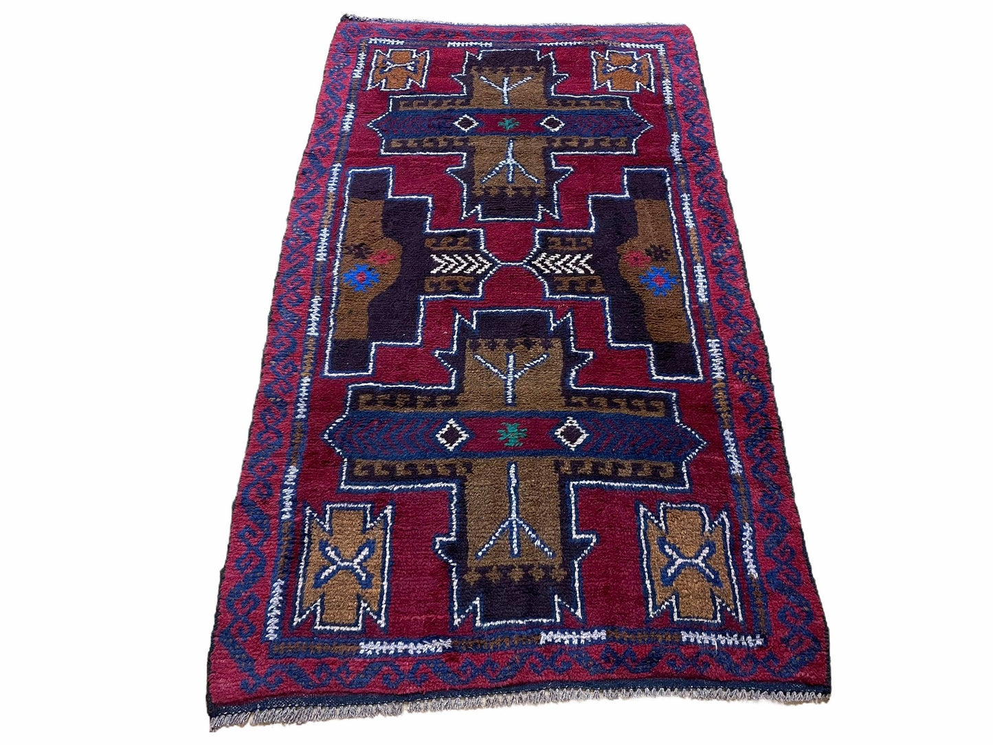 2' 10" X 4' 9" Vintage Handmade Tribal Wool Rug Balouchi Rug Afghan Rug Red Blue