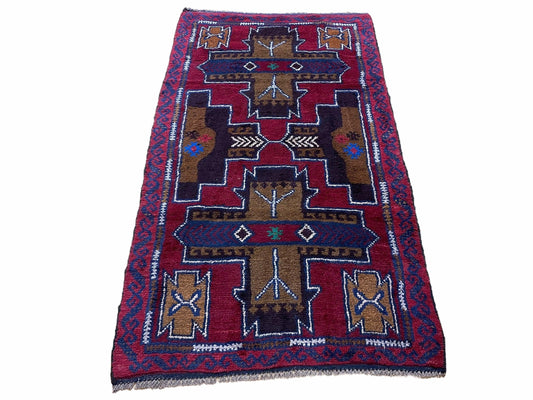 2' 10" X 4' 9" Vintage Handmade Tribal Wool Rug Balouchi Rug Afghan Rug Red Blue