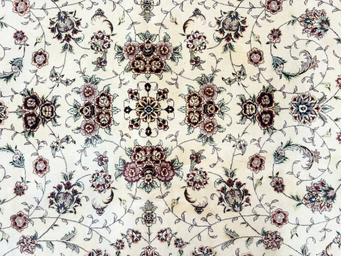 Sino Persian Rug 9x12 Hand Knotted Wool Silk Highlights Floral Allover Ivory And Dark Maroon