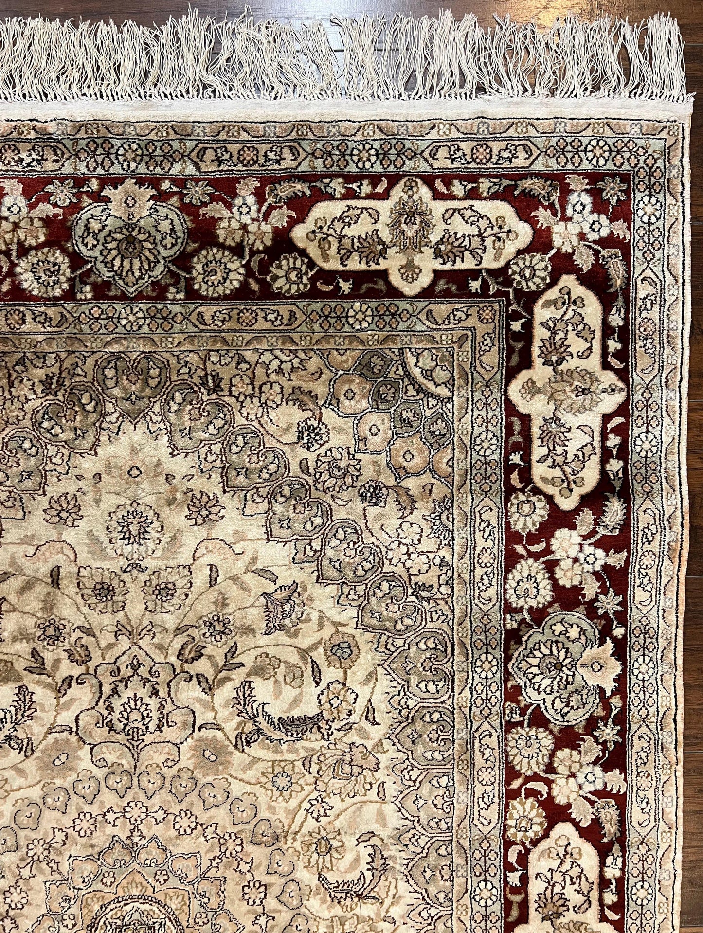 Silk Indian Kashmiri Rug 4x6 ft, Floral Medallion Hand Knotted Handmade Oriental Carpet, Vintage, Cream Burgundy, Very Fine Silk Rug 4 x 6