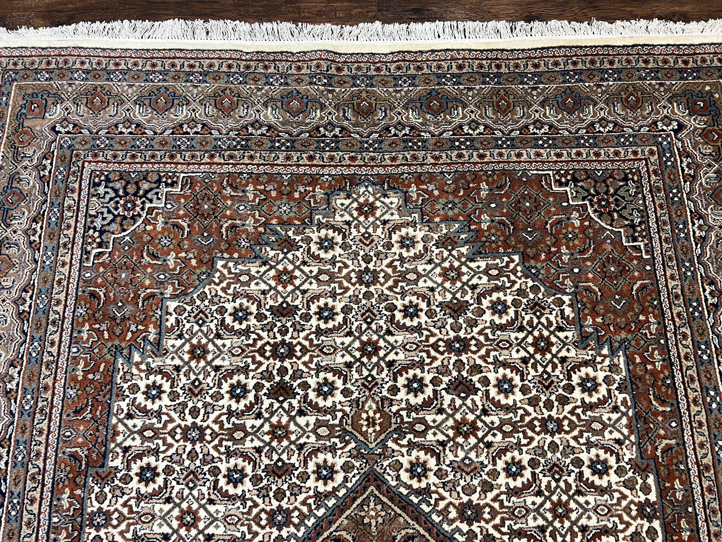 Indo Persian Rug 7x10 ft, Hand Knotted Wool Vintage Oriental Carpet 7 x 10, Traditional Handmade Herati Bidjar Cream Rug, Medallion Rug