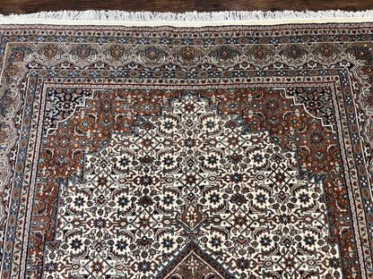 Indo Persian Rug 7x10 ft, Hand Knotted Wool Vintage Oriental Carpet 7 x 10, Traditional Handmade Herati Bidjar Cream Rug, Medallion Rug