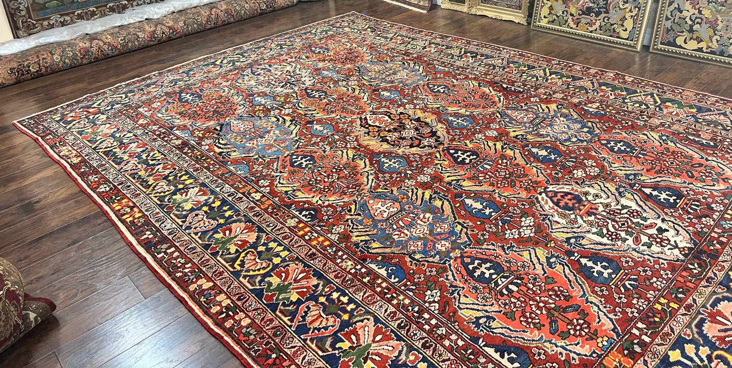 Large Persian Bakhtiari Rug 10x14, Rare Perisan Tribal Rug, Red Blue Ivory Multicolor, Hand Knotted, Semi Antique Carpet