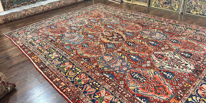 Large Persian Bakhtiari Rug 10x14, Rare Perisan Tribal Rug, Red Blue Ivory Multicolor, Hand Knotted, Semi Antique Carpet