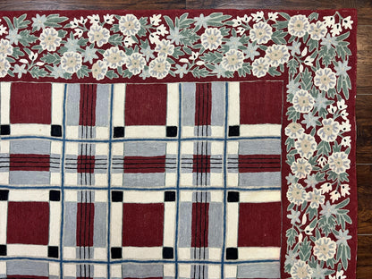 Indian Hand Stitched Rug 4x6, Vintage Carpet, Checkerboard Floral Pattern, Maroon Ivory, Flatweave, Wool