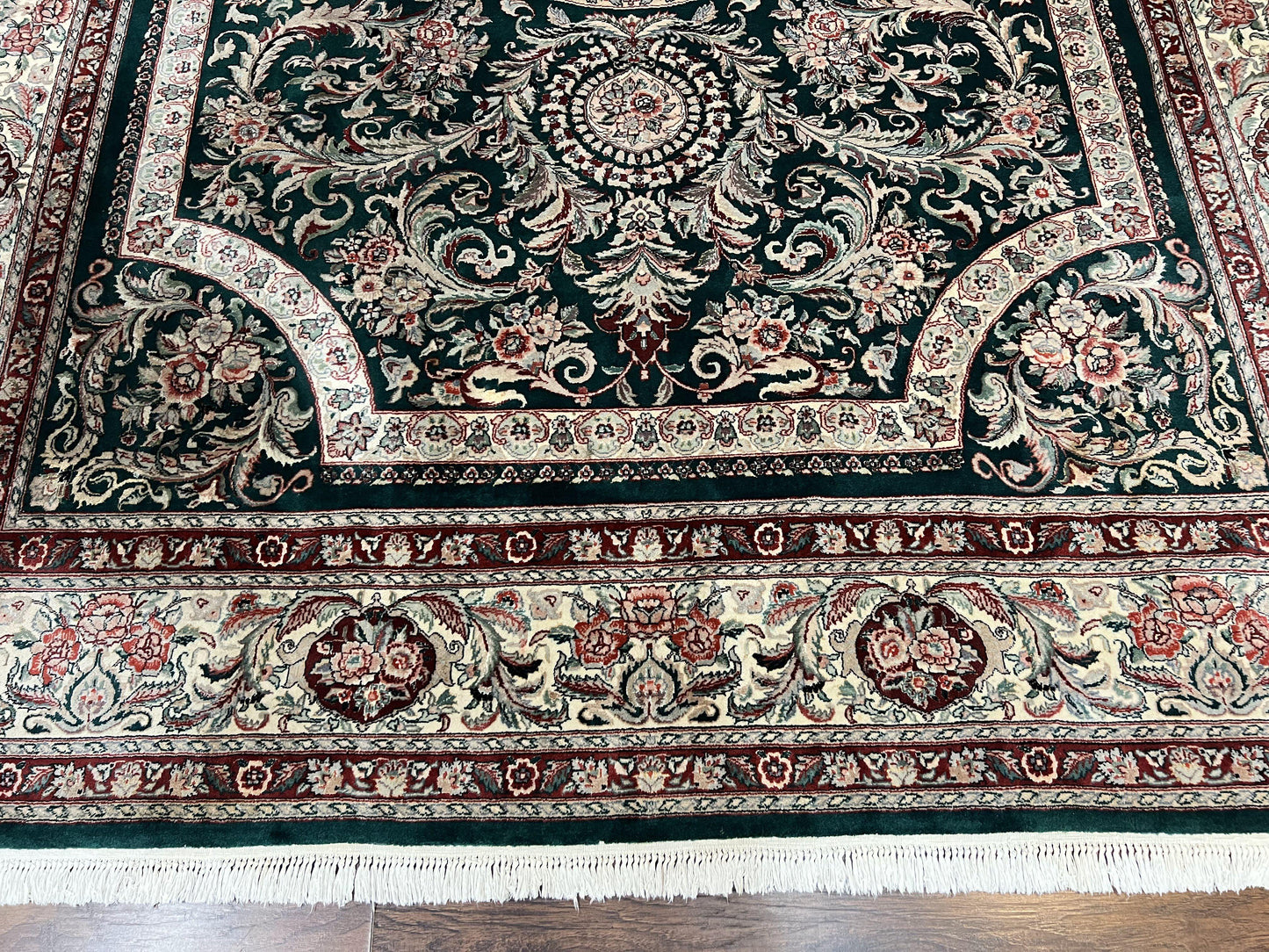 Persian Rug 9x12 Dark Green Cream Floral Medallion Handmade Wool Carpet
