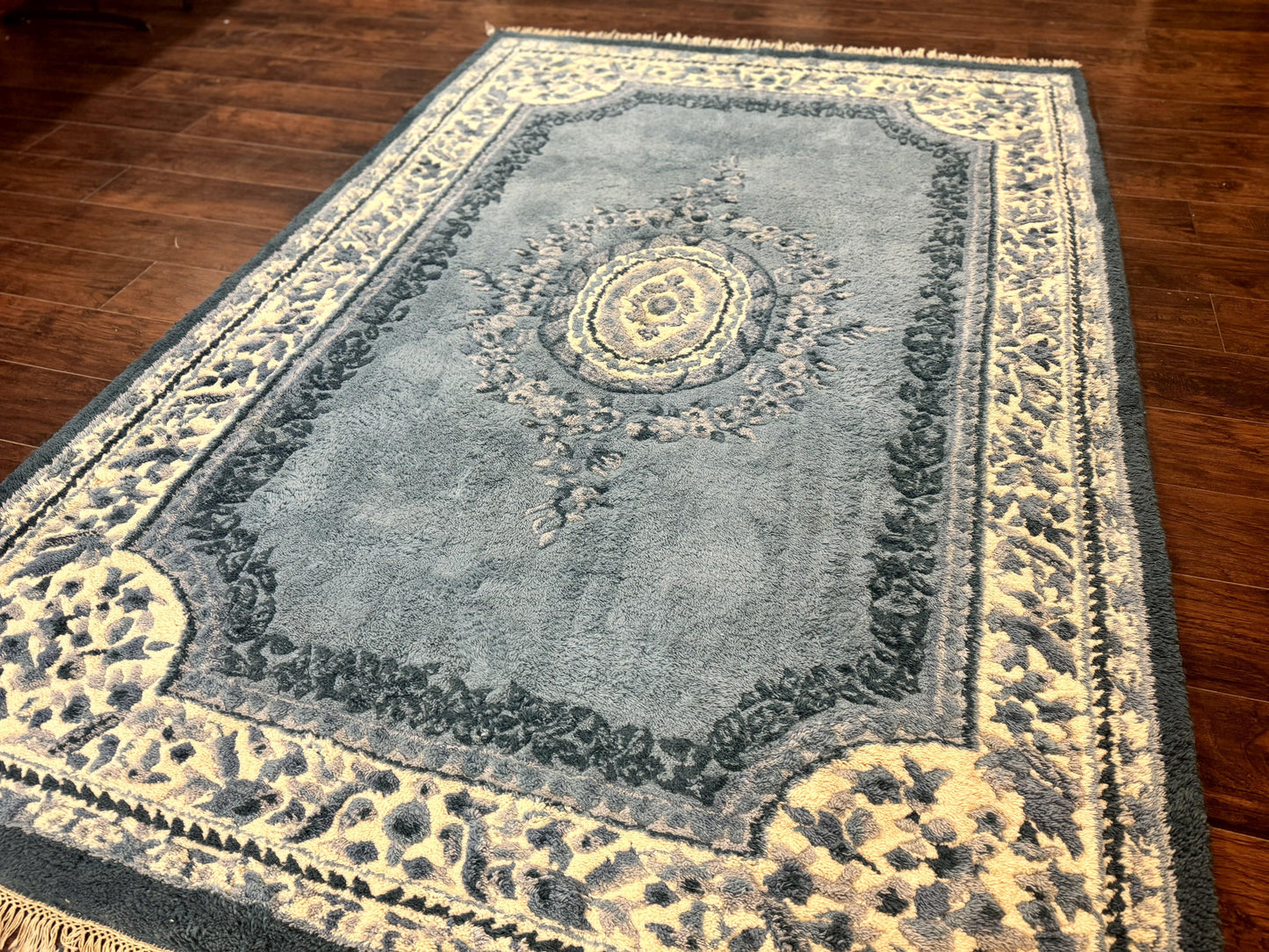 Indo Chinese Aubusson Rug 6x9 Handmade Vintage Wool Carpet Light Blue And Ivory