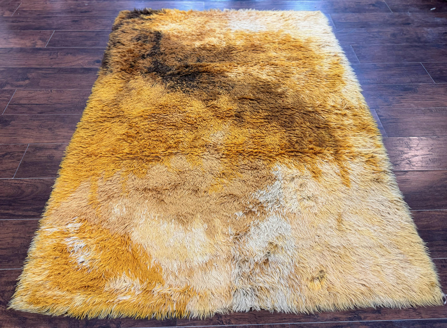 Rya Shag Rug Vintage 4.6 X 6 Yellow Mid Century Carpet For Living Room