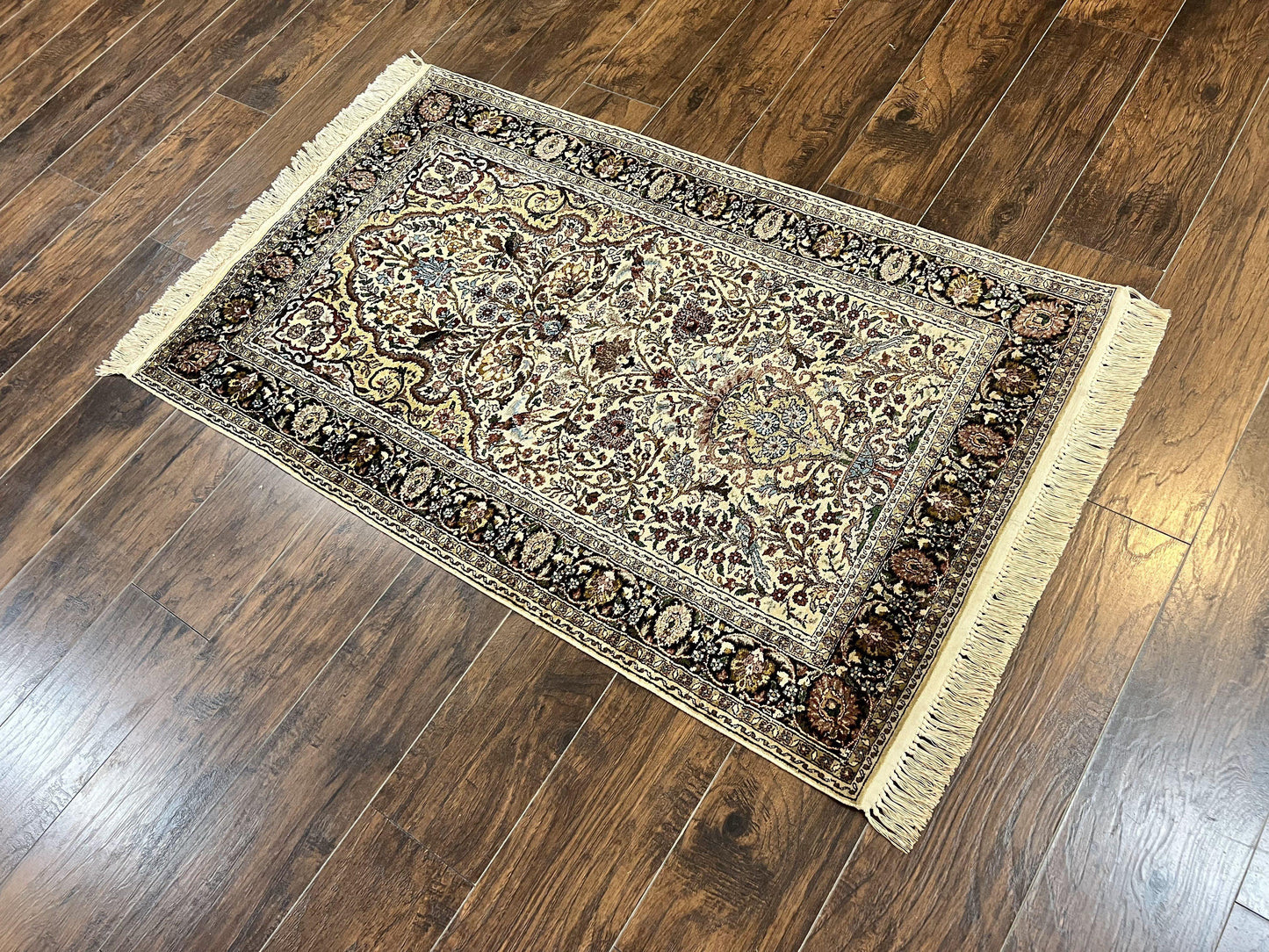 Turkish Kayseri Silk Rug 3x5, Tree of Life Silk Oriental Carpet, Birds Persian Vase Design, Hand Knotted Vintage Fine Rug, 340 KPSI