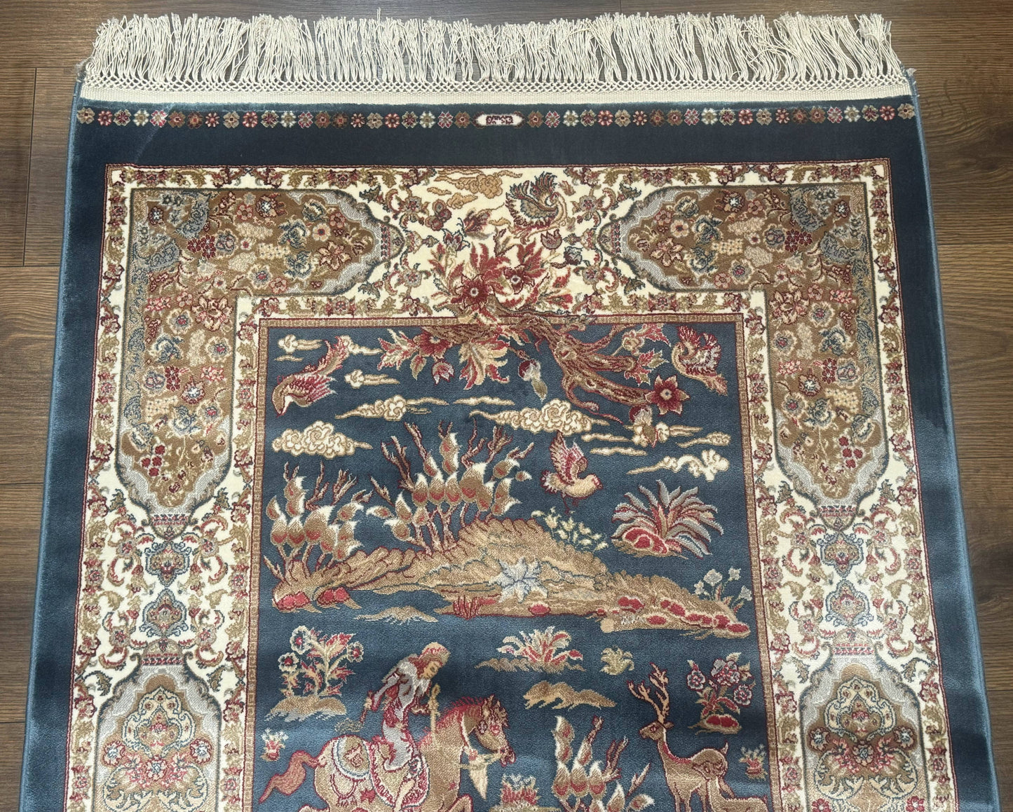 Turkish Silk Hunting Scene Rug 2.6 x 5 Feet Dark Steel Blue And Ivory Bamboo Silk Area Rug