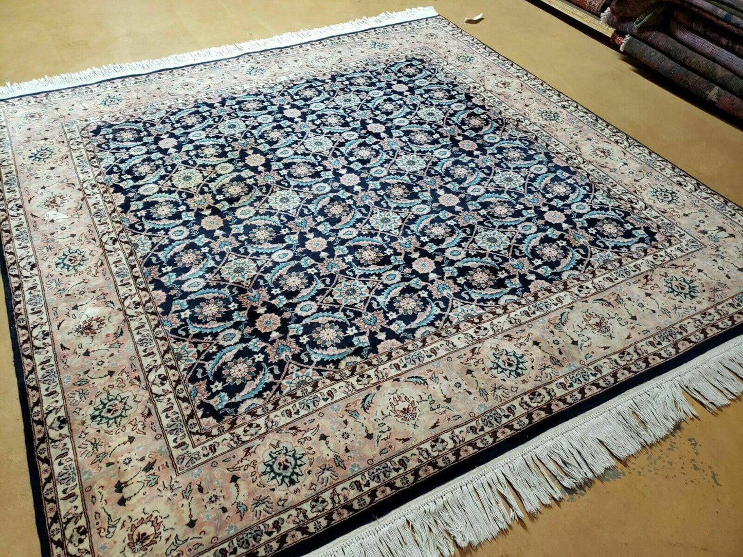 Handmade Wool Rug Floral Oriental Blue 73 Inch Square Carpet