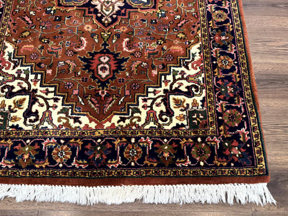Indo Persian Heriz Rug 4x6 Handmade Wool Vintage Rust Red Navy Cream