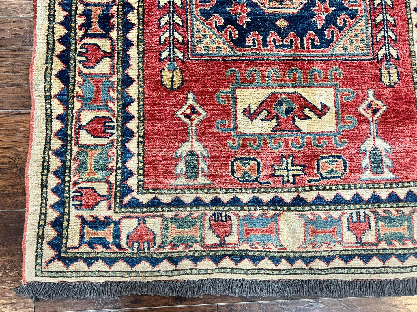 Turkish Kazak Rug 3x4 Hand Knotted Wool Vintage Carpet Red Navy Blue Geometric Design