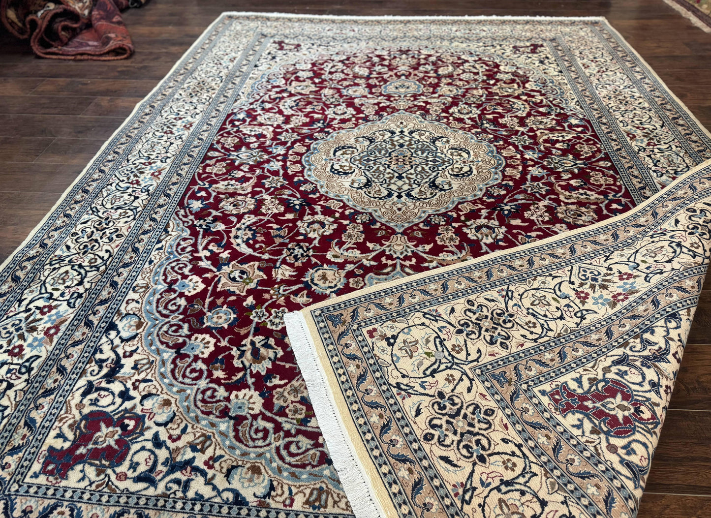 Persian Nain Rug 8x11 Wool Silk Highlights Burgundy Ivory Floral Medallion