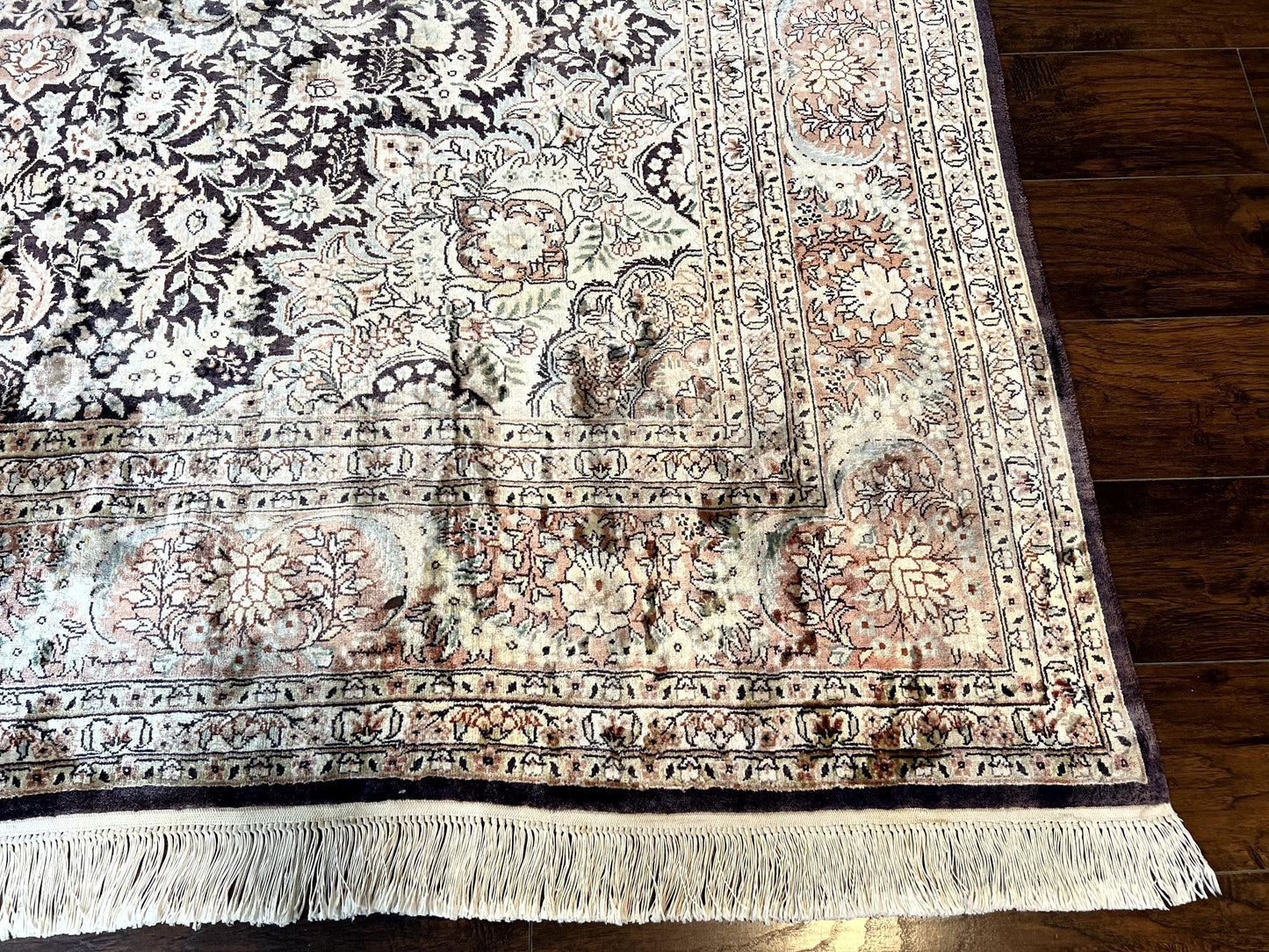 Silk Kashmiri Rug 8x10 Floral Medallion Handmade Indo Persian Vintage Silk Rug