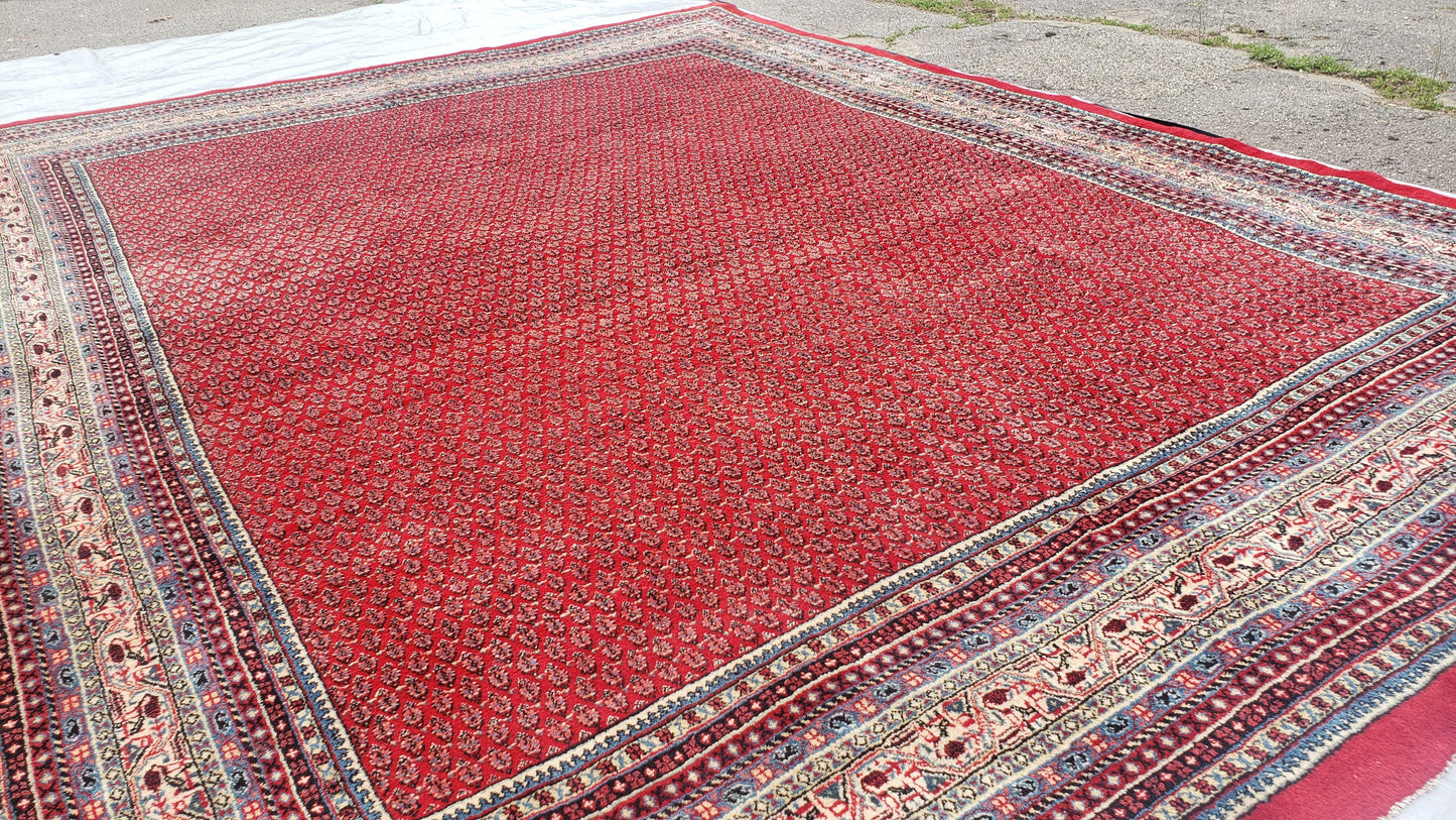 Persian Sarouk Mir Pattern, Red and Beige, Hand-Knotted, Wool, Paisley Boteh Design, 9'9" x 13', Semi Antique