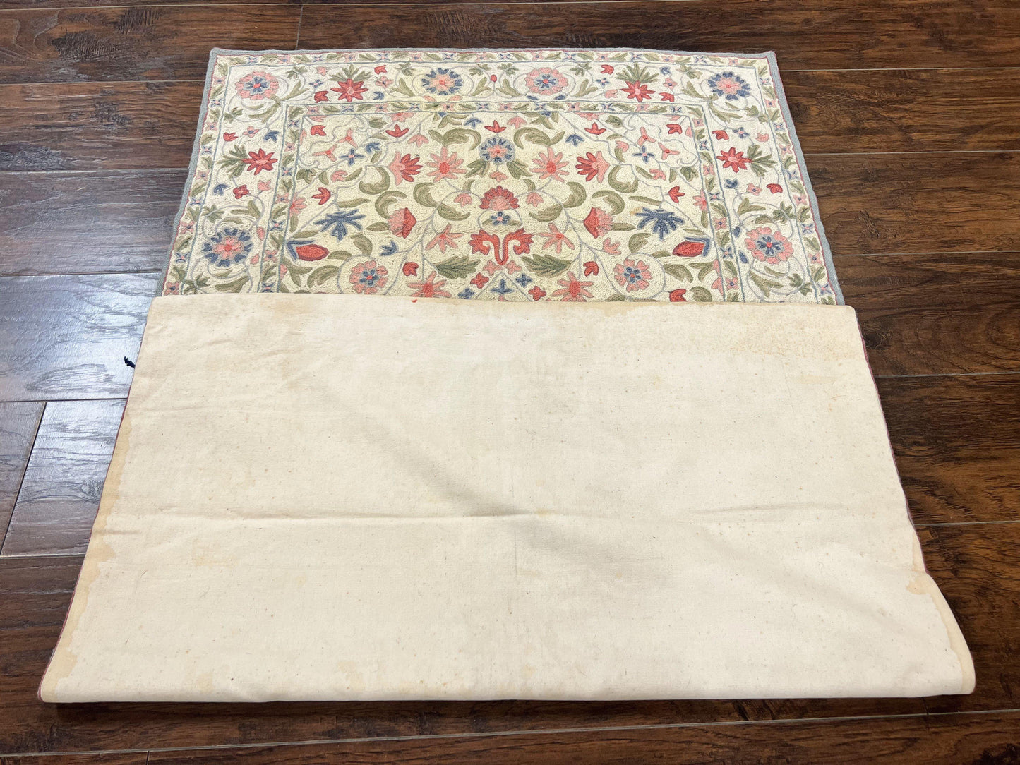 Hand Stitched Indian Rug Floral Vintage Wool Area Rug 4x5 Hand Embroidered