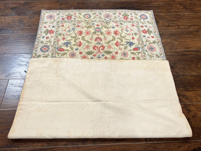 Hand Stitched Indian Rug Floral Vintage Wool Area Rug 4x5 Hand Embroidered