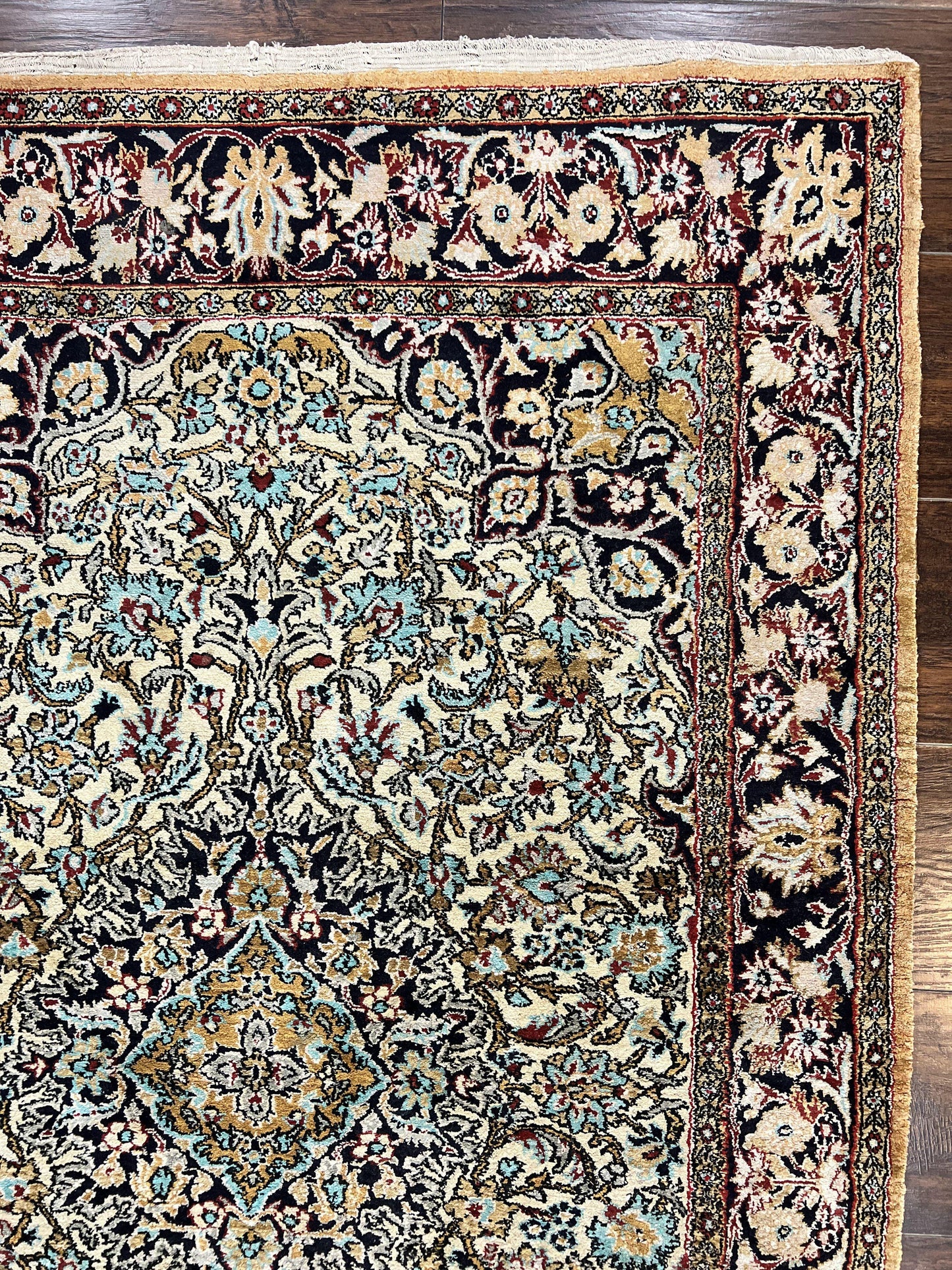 Silk Persian Qum Rug 4x5, Hand Knotted Vintage Carpet, Cream & Navy Blue, Silk Pile on Silk Foundation, Very Fine 360 KPSI