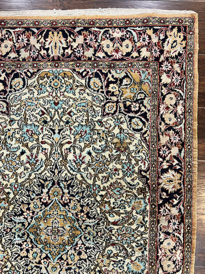 Silk Persian Qum Rug 4x5, Hand Knotted Vintage Carpet, Cream & Navy Blue, Silk Pile on Silk Foundation, Very Fine 360 KPSI