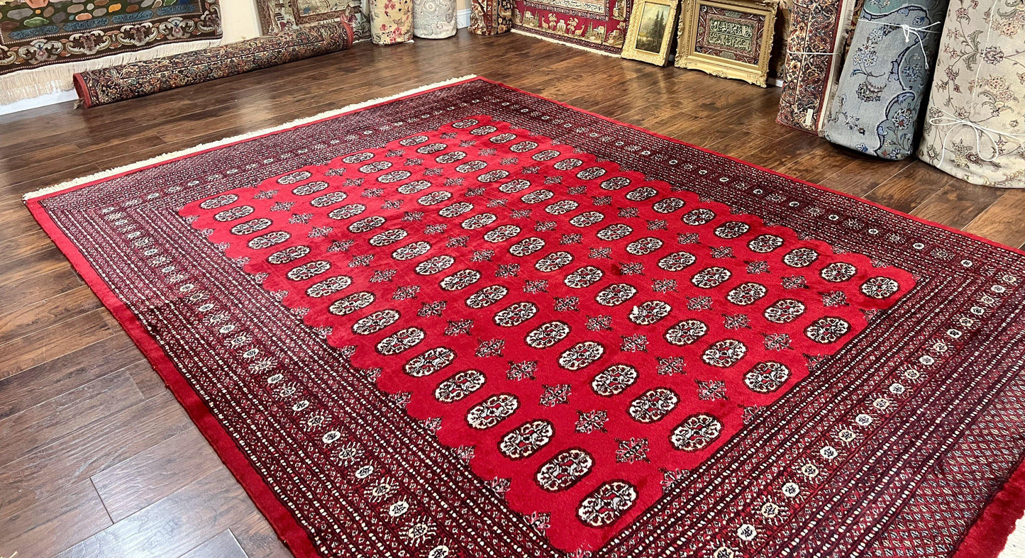 Turkoman Rug 8 x 11.6 Red Bokhara Pakistani Wool Handmade Vintage Carpet