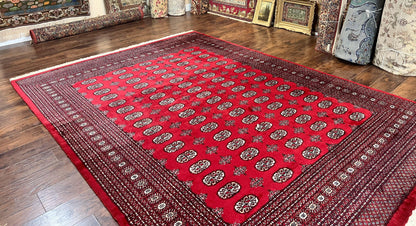 Turkoman Rug 8 x 11.6 Red Bokhara Pakistani Wool Handmade Vintage Carpet