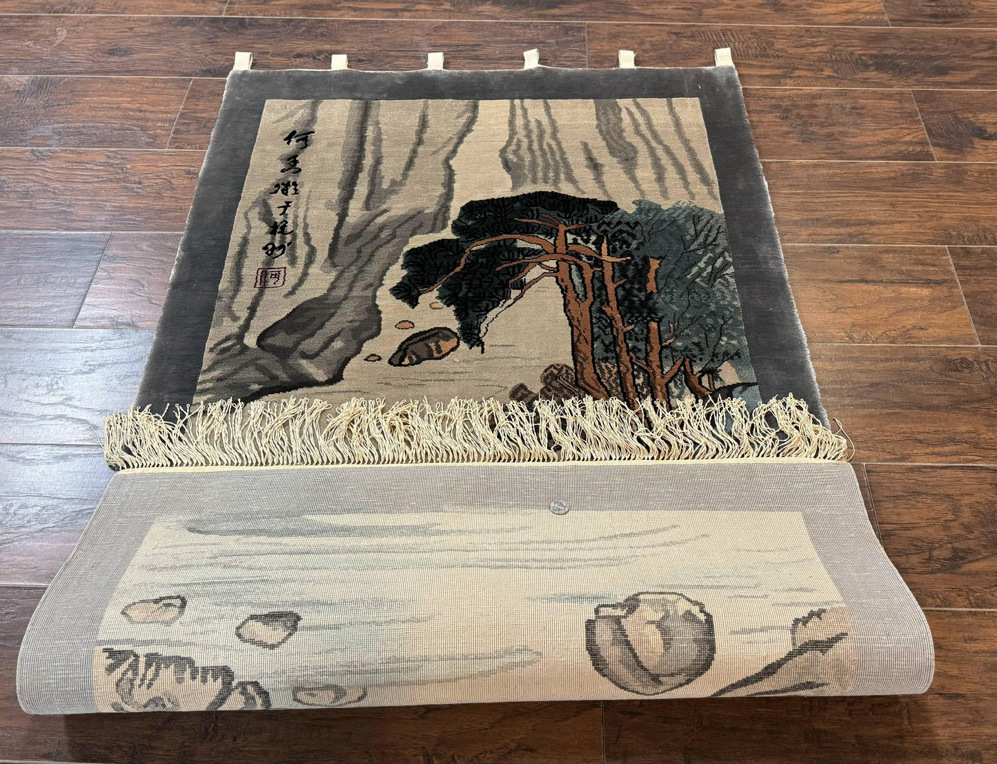 Chinese Silk Wall Hanging Hand Knotted 3x5 Feet River And Boat Scene Rug Tapestry For Home Decor