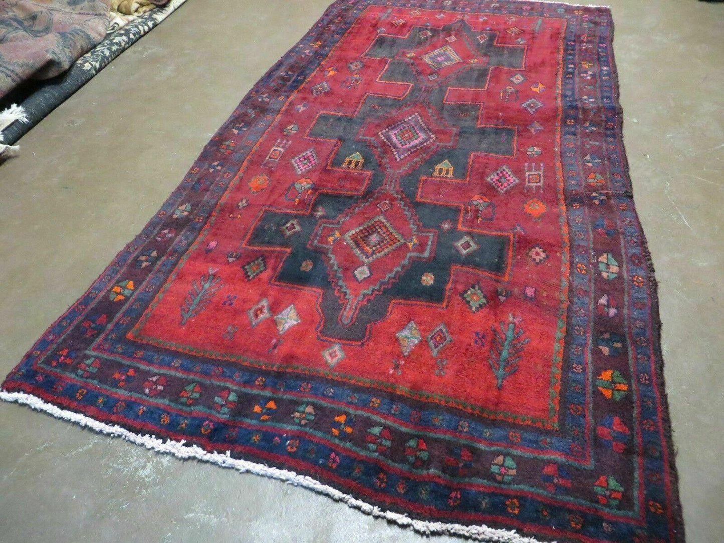 Antique Handmade Wool Rug India Geometric Oriental Vegetable Dyes 4x8 Vintage