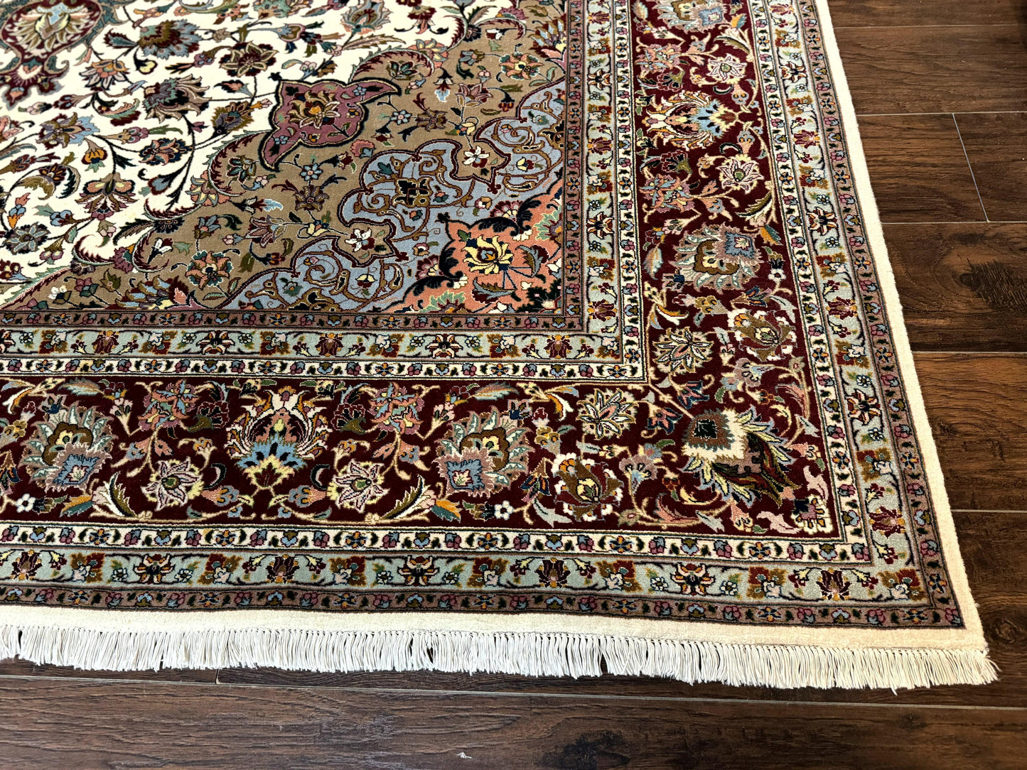 Persian Tabriz Rug Hand Knotted 8x11 Floral Medallion Traditional Area Rug Fine Wool 300 KPSI Ivory Maroon