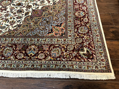 Persian Tabriz Rug Hand Knotted 8x11 Floral Medallion Traditional Area Rug Fine Wool 300 KPSI Ivory Maroon