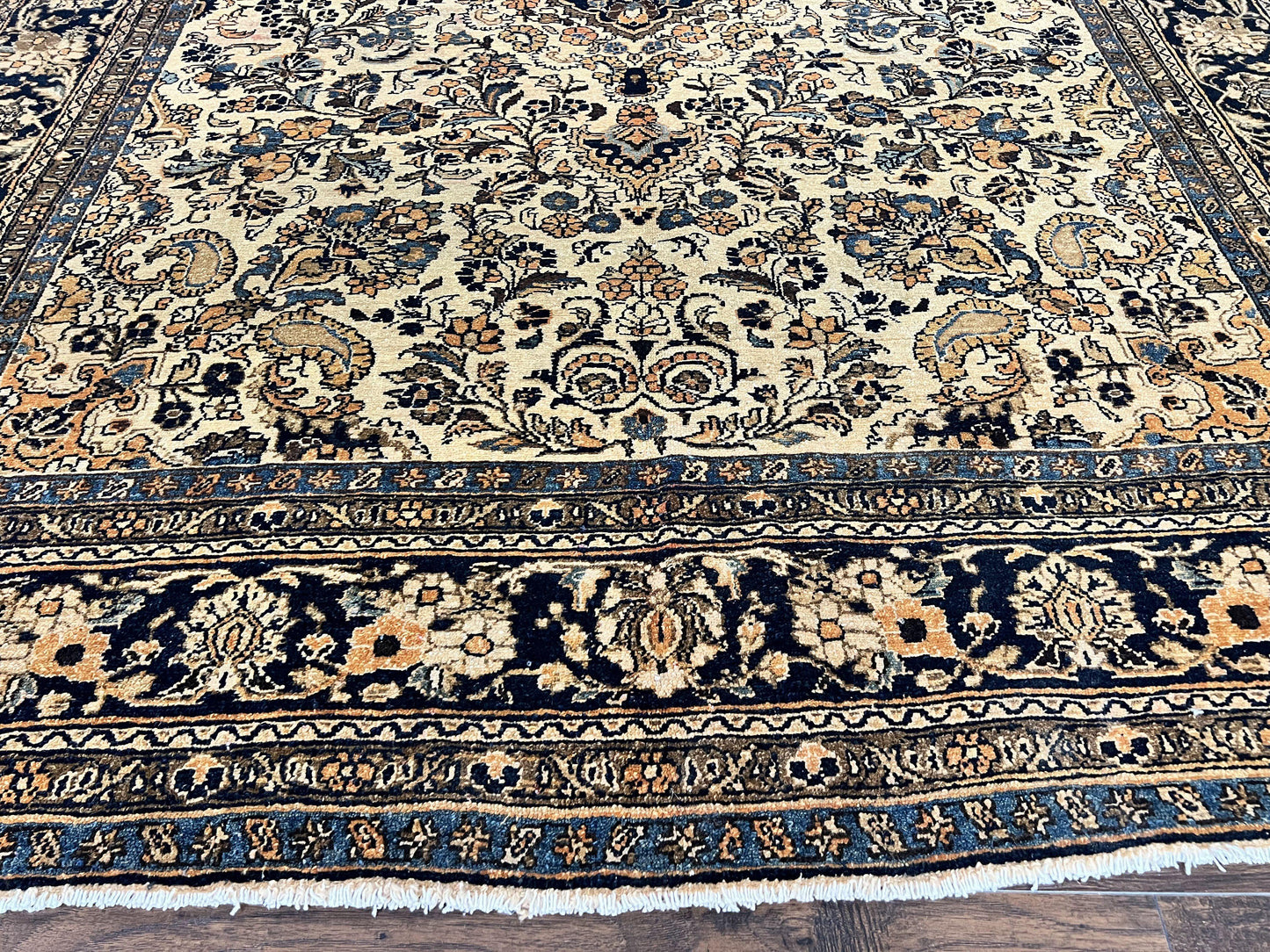 Antique Persian Rug Wool 9x11 Hand Knotted 1920s Hamadan Anjelas Floral Cream Black