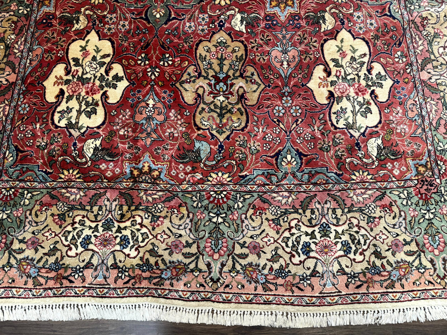Antique Tabriz Persian Rug 7x10, Red Cream Tan, Unique Design, Fine 270 KPSI, Birds, Floral