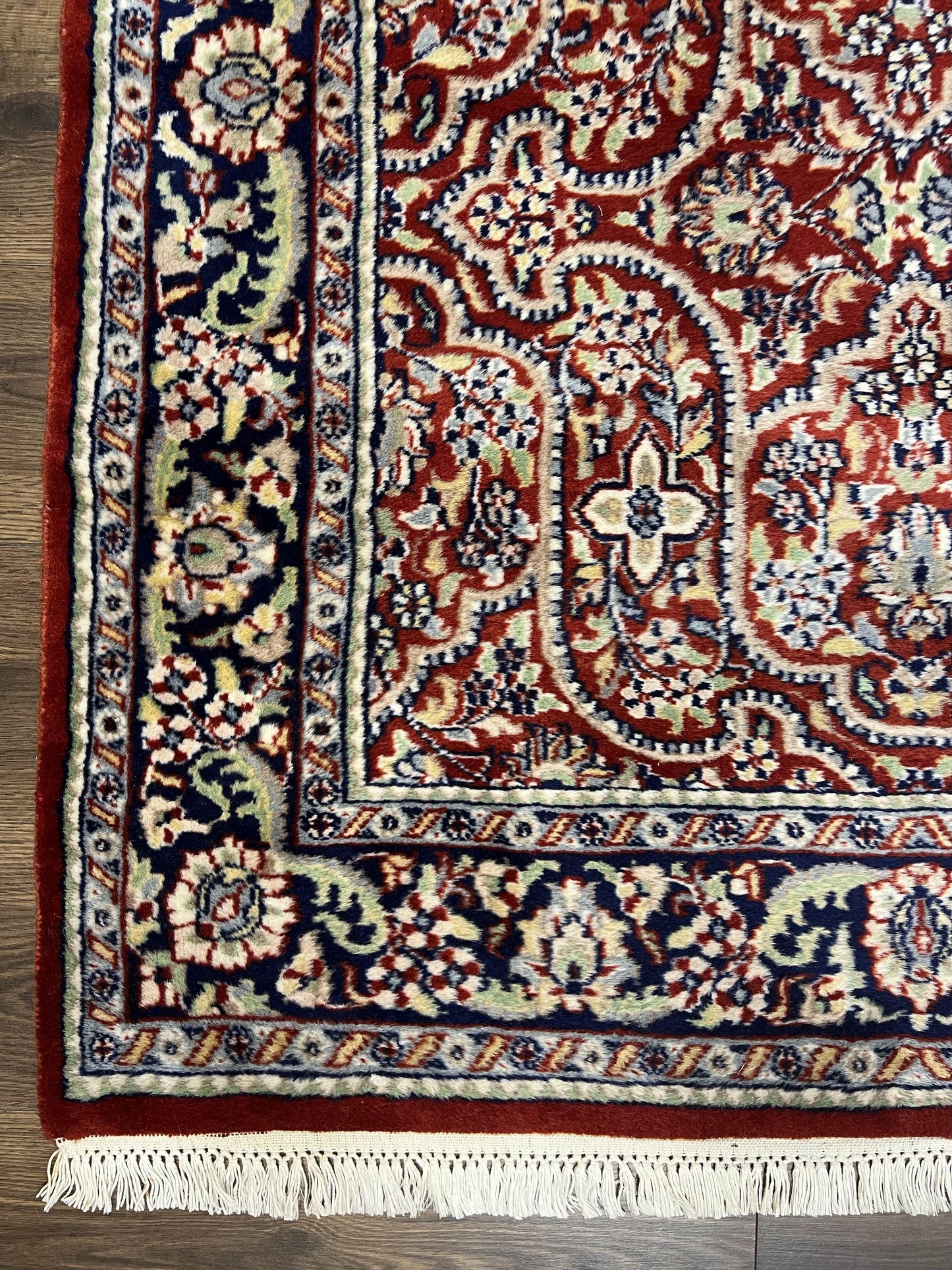 Indo Persian Rug 4x7, Allover Floral Oriental Carpet, Red and Navy Blue, Hand Knotted Indian Kashmiri Traditional Vintage Area Rug 4 x 7 ft