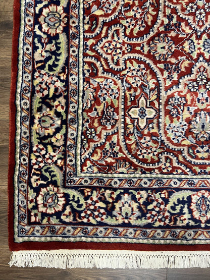 Indo Persian Rug 4x7, Allover Floral Oriental Carpet, Red and Navy Blue, Hand Knotted Indian Kashmiri Traditional Vintage Area Rug 4 x 7 ft