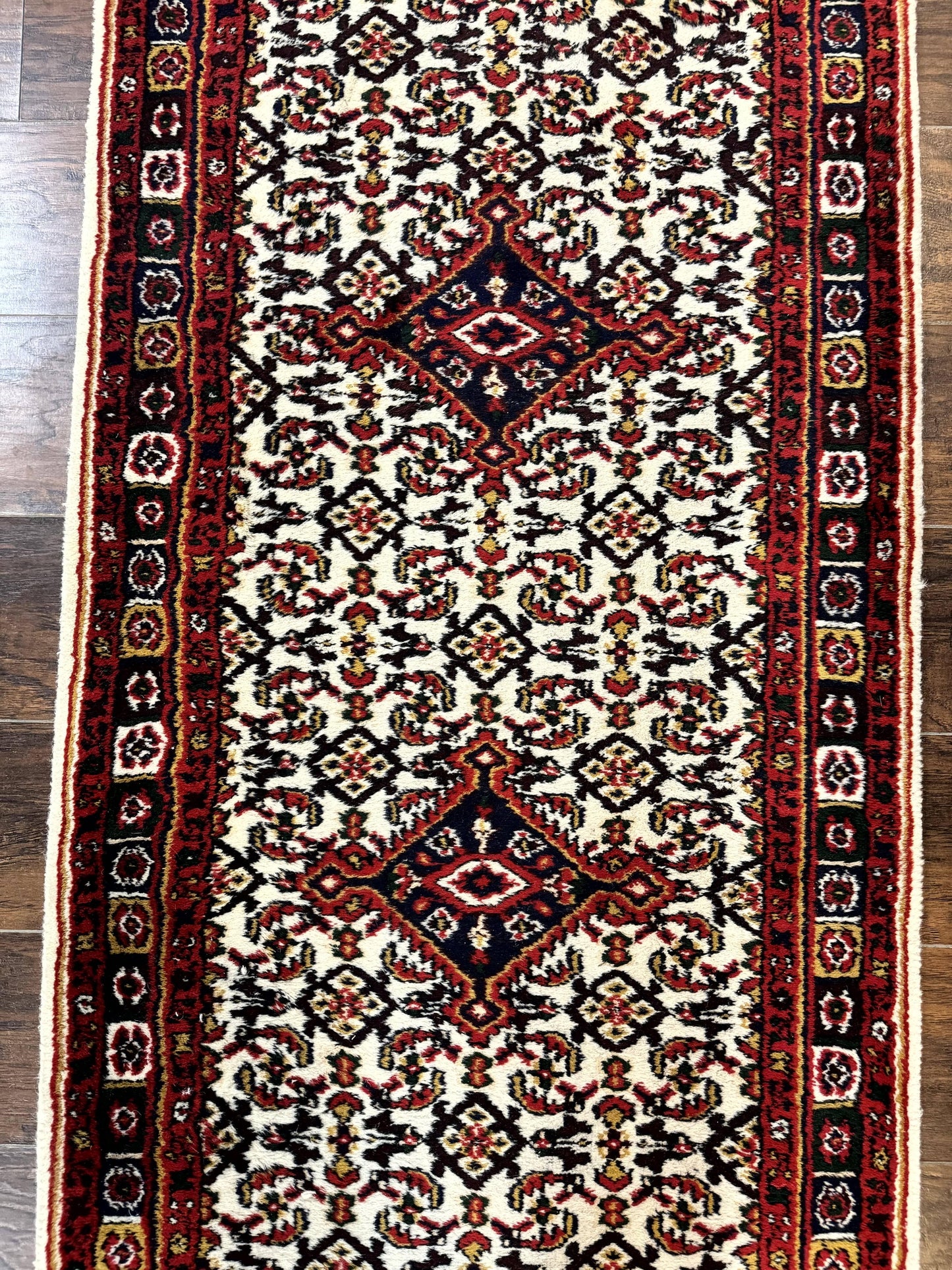 Indo Persian Bidjar Runner Rug 2.8 x 10, Vintage Rug for Hallway, 10ft Runner, Wool Handmade Ivory and Red, Medallions