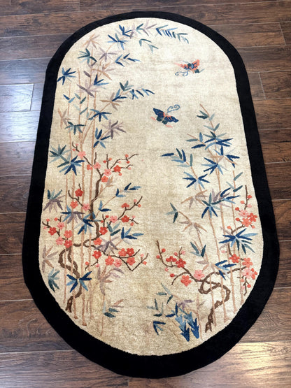 Antique Chinese Wool Rug Oval 3.9x6.7 Handmade Peking Carpet Floral Butterflies Beige