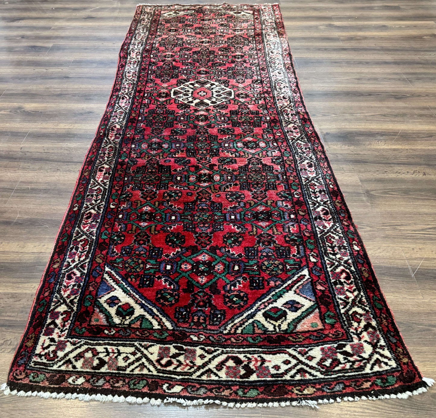 Persian Runner Rug 3x10, Wool Hand Knotted Hallway Rug 3 x 10 ft, Red and Ivory, Hamadan Angelas Runner