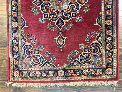 Persian Kashan Rug 2x3 Handmade Vintage Wool Semi Antique Red Navy Open Field