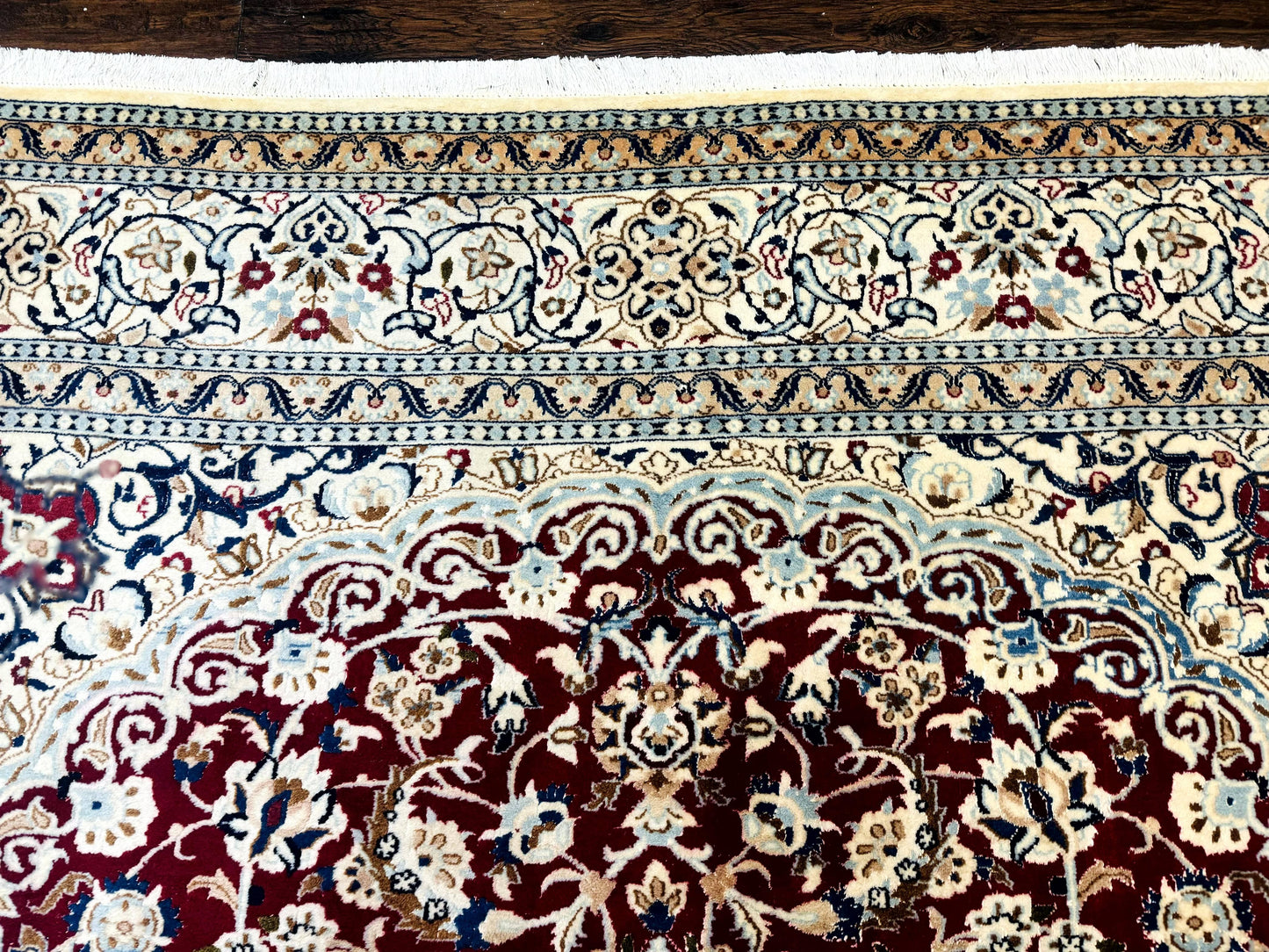 Persian Nain Rug 8x11 Wool Silk Highlights Burgundy Ivory Floral Medallion