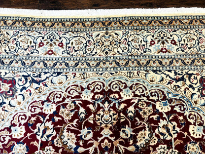 Persian Nain Rug 8x11 Wool Silk Highlights Burgundy Ivory Floral Medallion