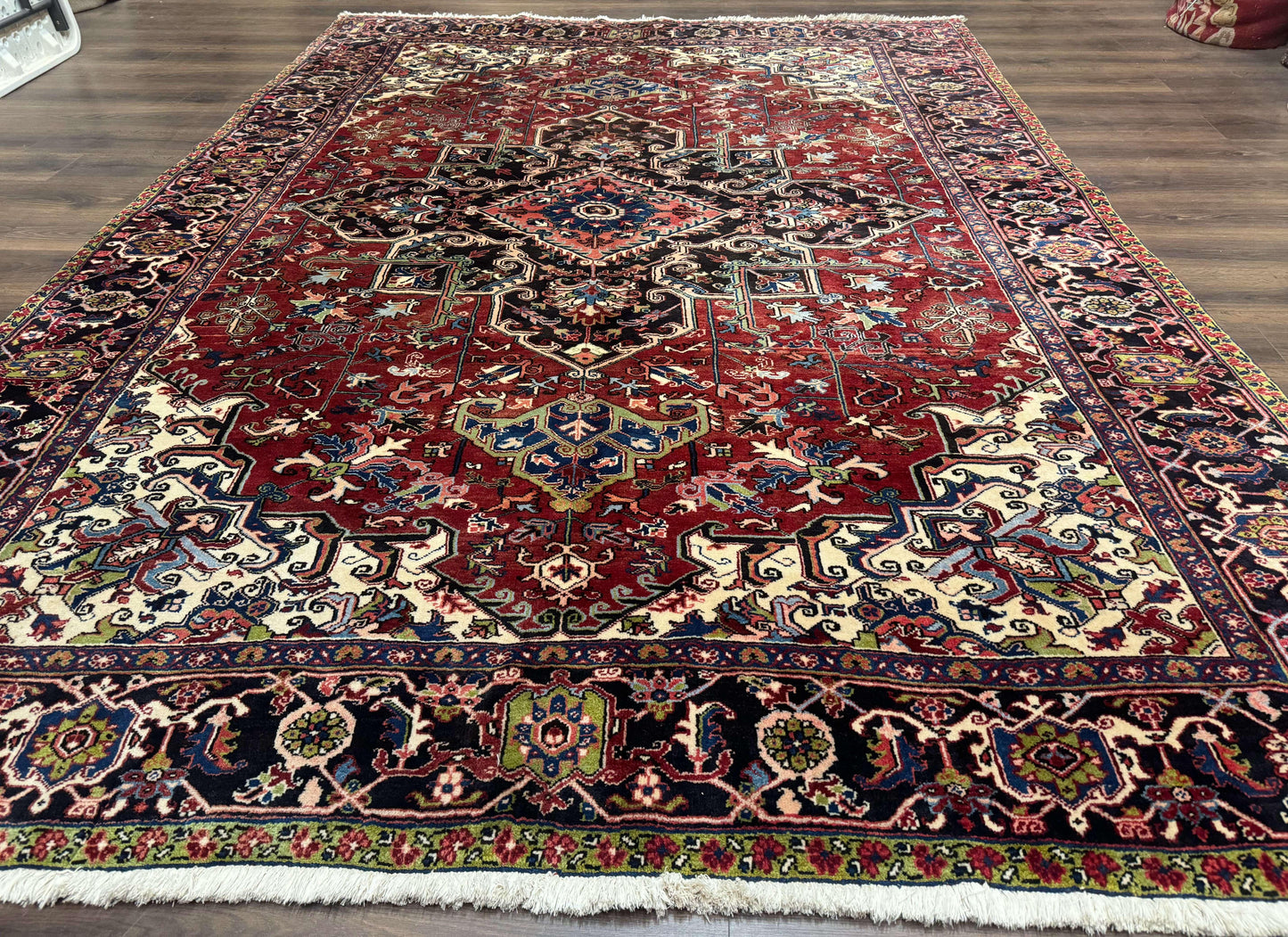 Antique Persian Heriz Rug 8x11, Geometric Tribal Wool Carpet, Brick Red