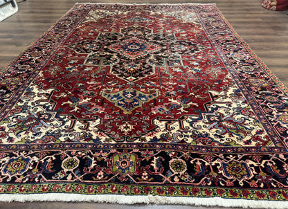 Antique Persian Heriz Rug 8x11, Geometric Tribal Wool Carpet, Brick Red