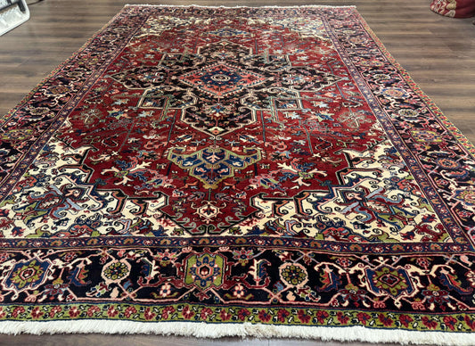 Antique Persian Heriz Rug 8x11, Geometric Tribal Wool Carpet, Brick Red