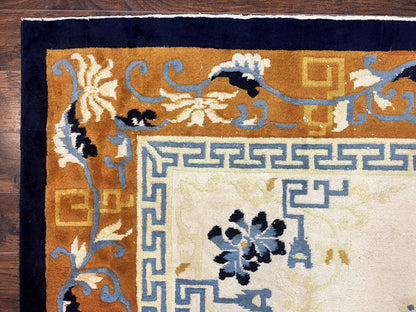 Indo Chinese Rug 9x12, Asian Oriental Carpet 9 x 12, Cream & Burnt Orange, Handmade Wool Vintage Art Deco Rug