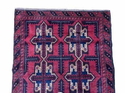 Baluchi Rug 3x5 Vintage Handmade Afghan Tribal Wool Rug Red Beige Blue